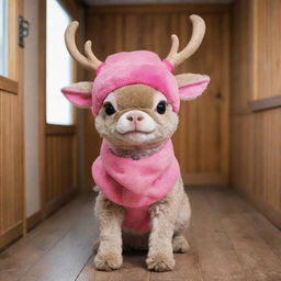 A real life interpretation of Tony Tony Chopper from One Piece; an adorable, fluffy reindeer with a bright pink hat, standing curiously inside a rustic wooden veterinary clinic.