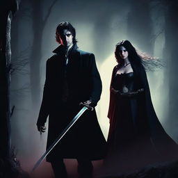 A brave woman holding a glowing holy sword stands determinedly, with a vampire man lurking menacingly behind her