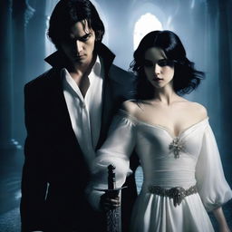 A woman with black hair wearing a holy white dress holds a white and shining holy sword