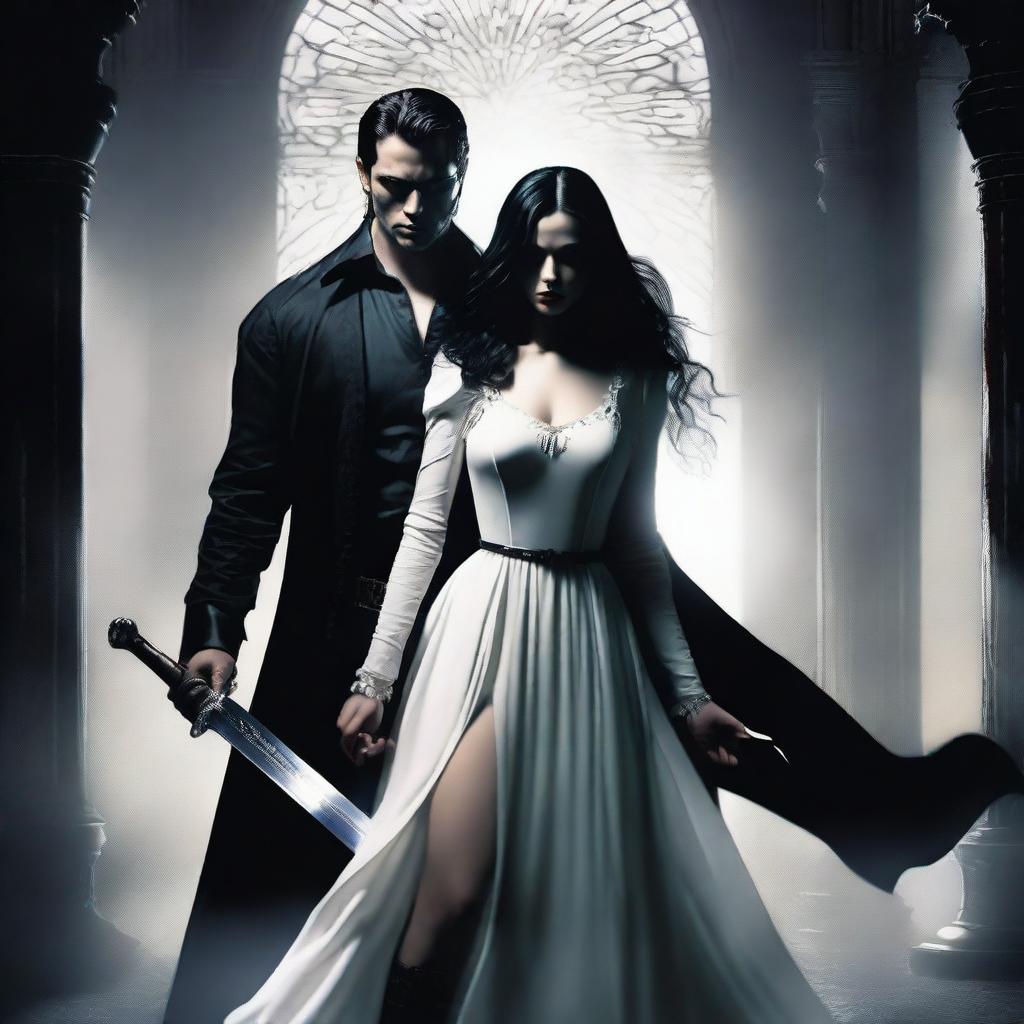 A woman with black hair wearing a holy white dress holds a large, white, and shining holy sword