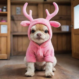 A real life interpretation of Tony Tony Chopper from One Piece; an adorable, fluffy reindeer with a bright pink hat, standing curiously inside a rustic wooden veterinary clinic.