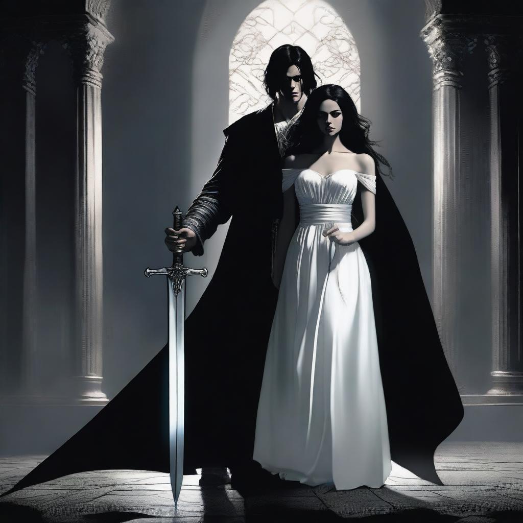 A woman with black hair wearing a holy white dress holds a large, white, and shining holy sword