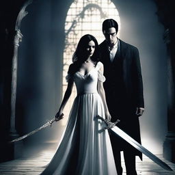 A woman with black hair wearing a holy white dress holds a large, white, and shining holy sword