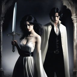 A woman with black hair wearing a holy white dress holds a large, white, and shining holy sword