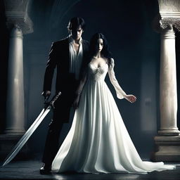 A woman with black hair wearing a holy white dress holds a large, white, and shining holy sword