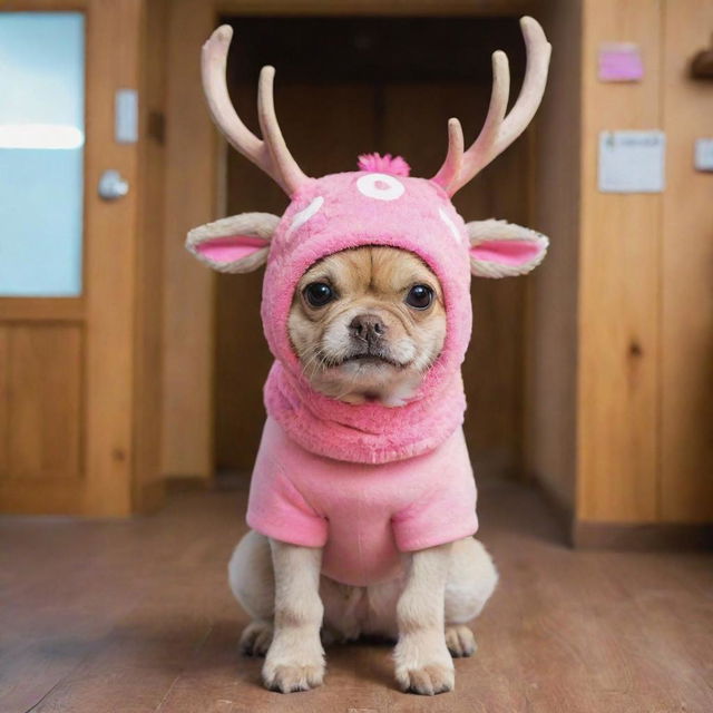 A real life interpretation of Tony Tony Chopper from One Piece; an adorable, fluffy reindeer with a bright pink hat, standing curiously inside a rustic wooden veterinary clinic.