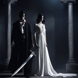 A woman with black hair wearing a holy white dress holds a large, white, and shining holy sword