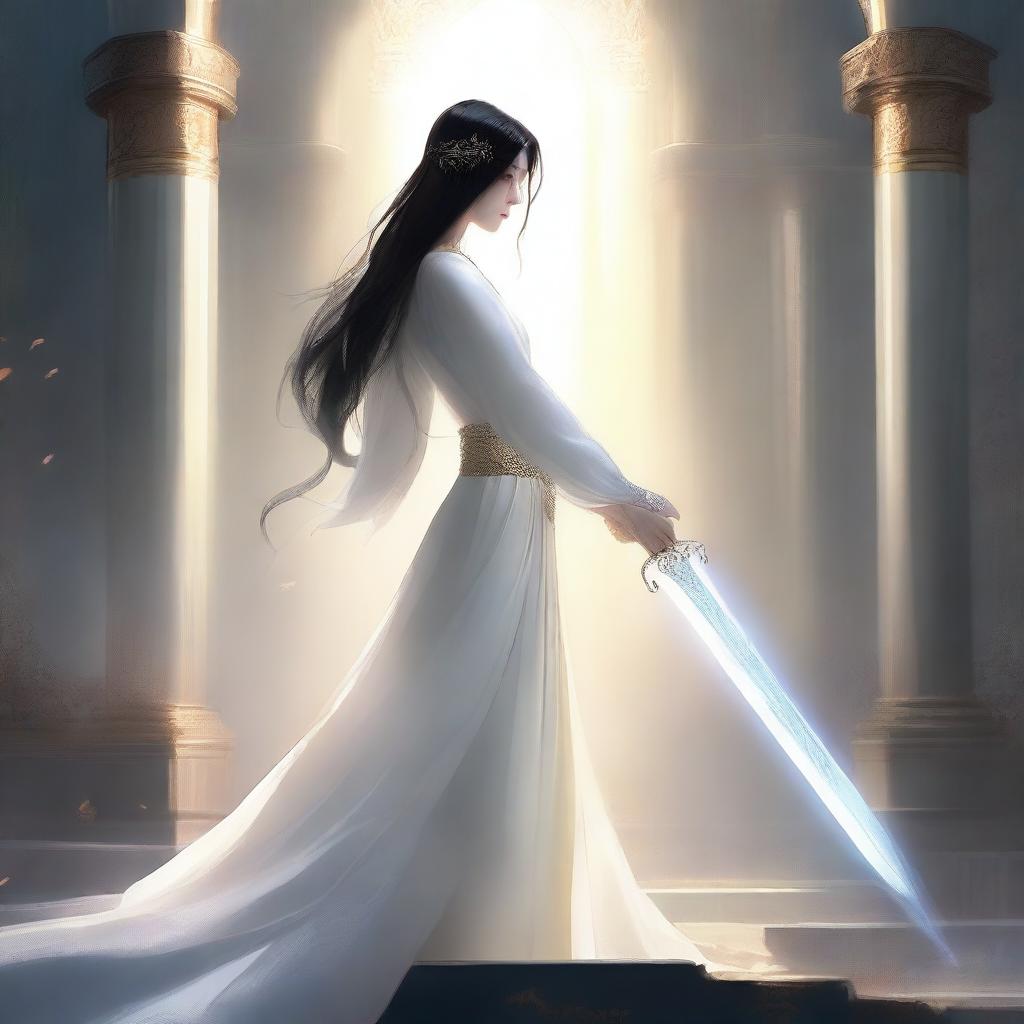 A woman with black hair wearing a holy white dress holds a huge, white, and shining holy sword