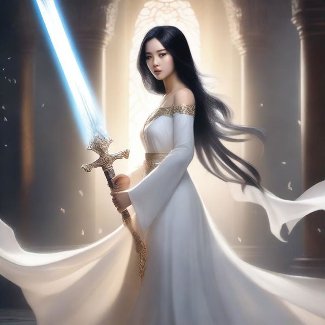 A woman with black hair wearing a holy white dress holds a huge, white, and shining holy sword