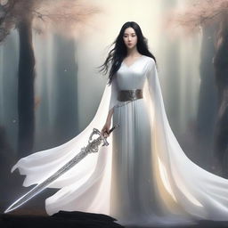 A woman with black hair wearing a holy white dress holds a huge, white, and shining holy sword