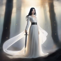 A woman with black hair wearing a holy white dress holds a huge, white, and shining holy sword