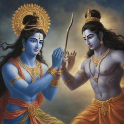 Gods at war: Lord Krishna and Lord Shiva engaged in a celestial battle of epic proportions, showcasing their divine powers