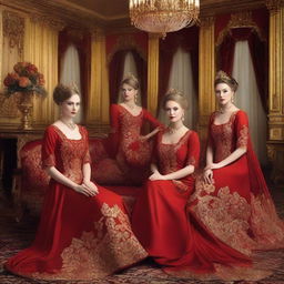 A group of attractive women dressed in elegant red attire, with a Russian cultural influence visible in their clothing and surroundings