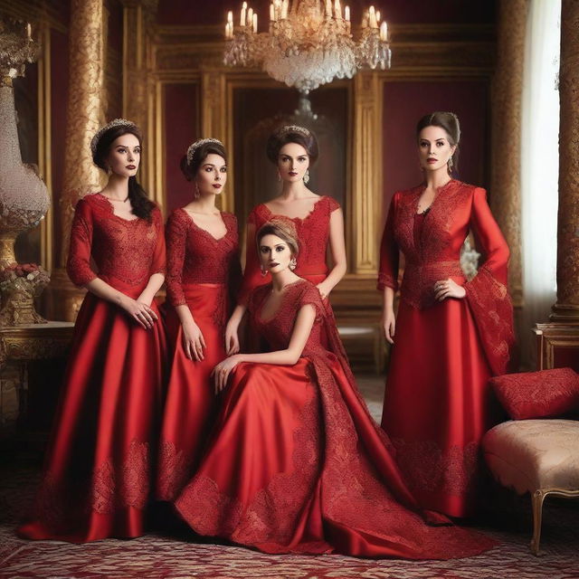 A group of attractive women dressed in elegant red attire, with a Russian cultural influence visible in their clothing and surroundings