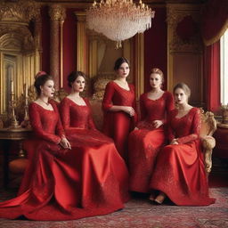 A group of attractive women dressed in elegant red attire, with a Russian cultural influence visible in their clothing and surroundings