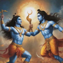 Gods at war: Lord Krishna and Lord Shiva engaged in a celestial battle of epic proportions, showcasing their divine powers