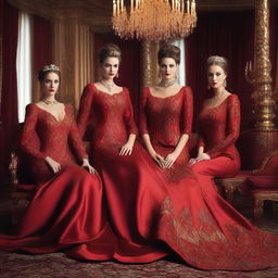 A group of attractive women dressed in elegant red attire, with a Russian cultural influence visible in their clothing and surroundings