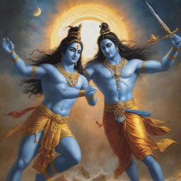 Gods at war: Lord Krishna and Lord Shiva engaged in a celestial battle of epic proportions, showcasing their divine powers