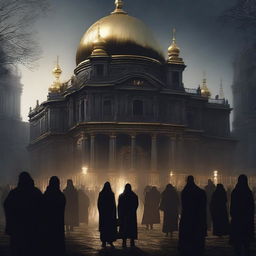 A dark mansion with golden domes, where traces of crimes are evident