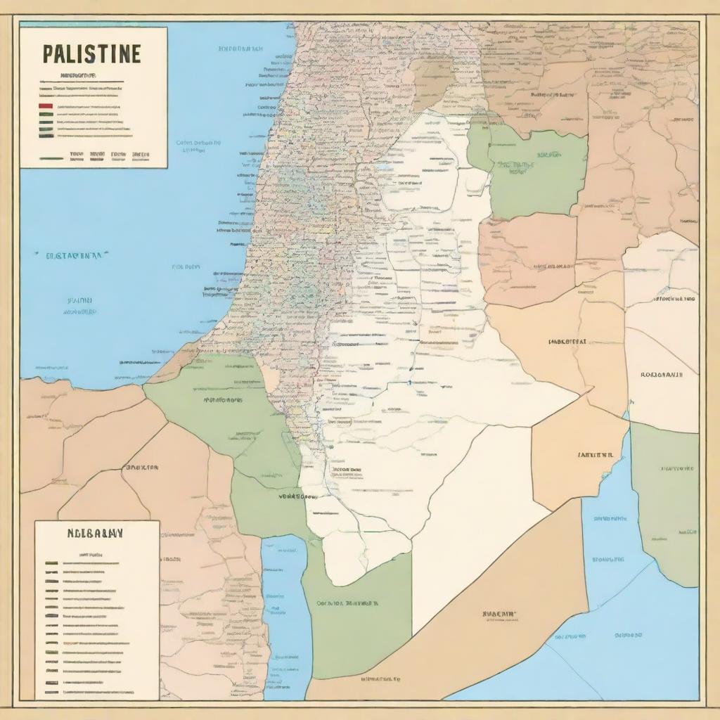 A detailed and visually appealing map of Palestine, highlighting major cities, historical landmarks, and geographical features