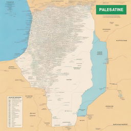 A detailed and visually appealing map of Palestine, highlighting major cities, historical landmarks, and geographical features