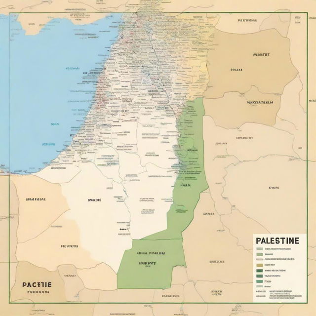 A detailed and visually appealing map of Palestine, highlighting major cities, historical landmarks, and geographical features