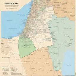 A detailed and visually appealing map of Palestine, highlighting major cities, historical landmarks, and geographical features