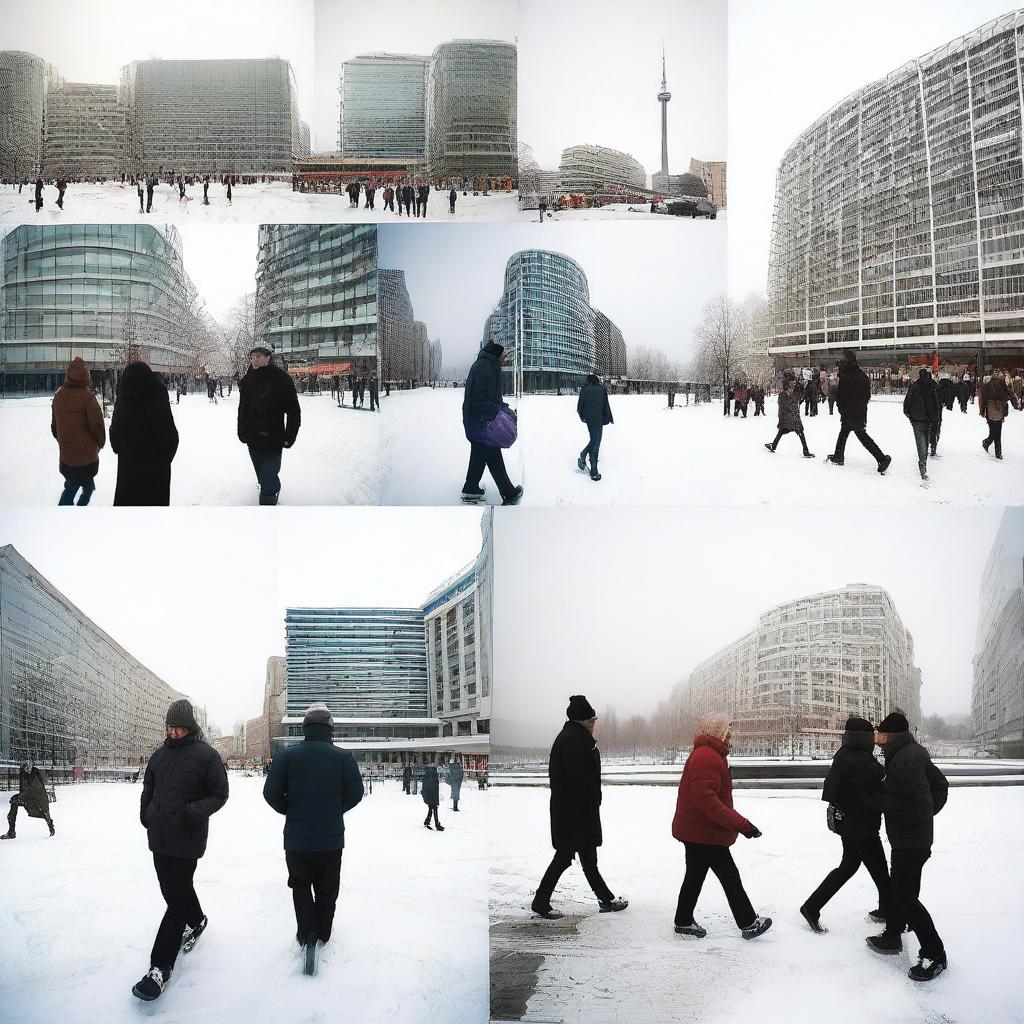 A series of images depicting various aspects of life in the global north, including urban landscapes, modern architecture, people in winter clothing, and advanced technology