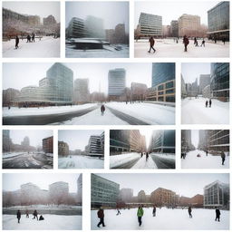 A series of images depicting various aspects of life in the global north, including urban landscapes, modern architecture, people in winter clothing, and advanced technology