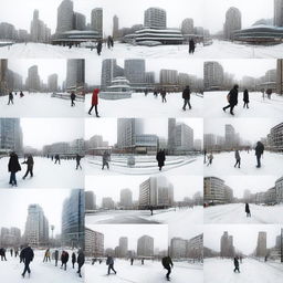 A series of images depicting various aspects of life in the global north, including urban landscapes, modern architecture, people in winter clothing, and advanced technology