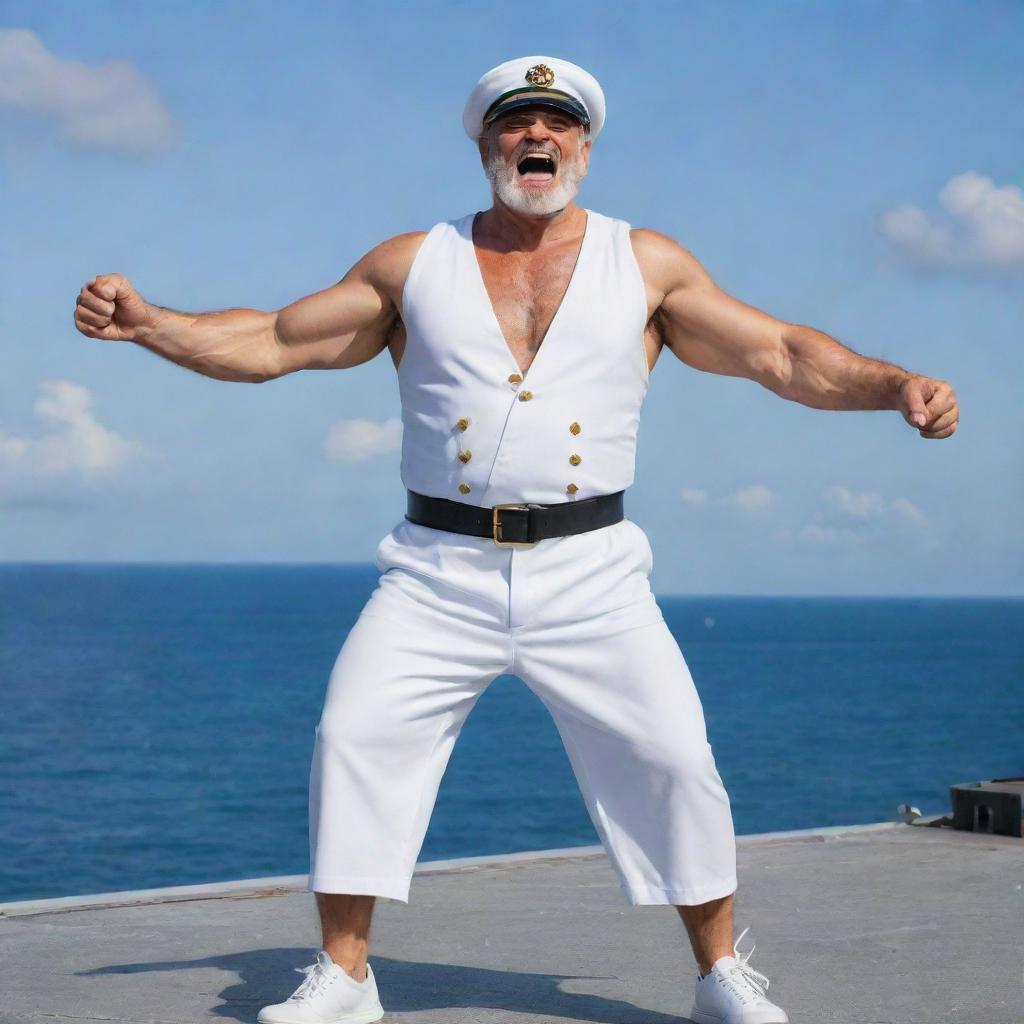 A real life interpretation of Monkey D. Garp from One Piece. An older, fit man in a marine uniform flexing his muscles while tossing a cannonball, standing proudly on the deck of a modern warship.