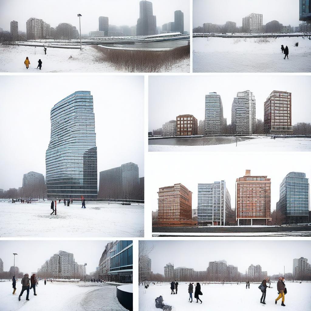 A series of images depicting various aspects of life in the global north, including urban landscapes, modern architecture, people in winter clothing, and advanced technology