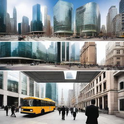 A series of images depicting the economy of the global north, including bustling financial districts, stock exchanges, modern office buildings, and people engaging in business activities