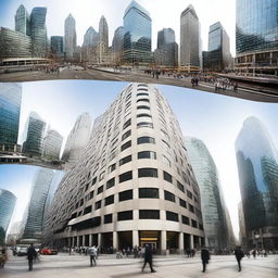 A series of images depicting the economy of the global north, including bustling financial districts, stock exchanges, modern office buildings, and people engaging in business activities