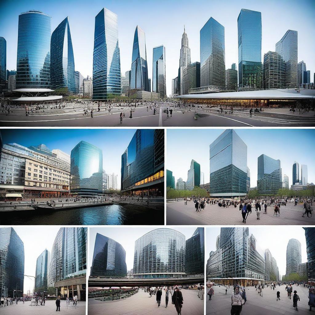 A series of images depicting the economy of the global north, including bustling financial districts, stock exchanges, modern office buildings, and people engaging in business activities