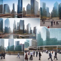 A series of images depicting the economy of the global north, including bustling financial districts, stock exchanges, modern office buildings, and people engaging in business activities