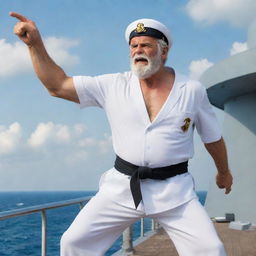 A real life interpretation of Monkey D. Garp from One Piece. An older, fit man in a marine uniform flexing his muscles while tossing a cannonball, standing proudly on the deck of a modern warship.