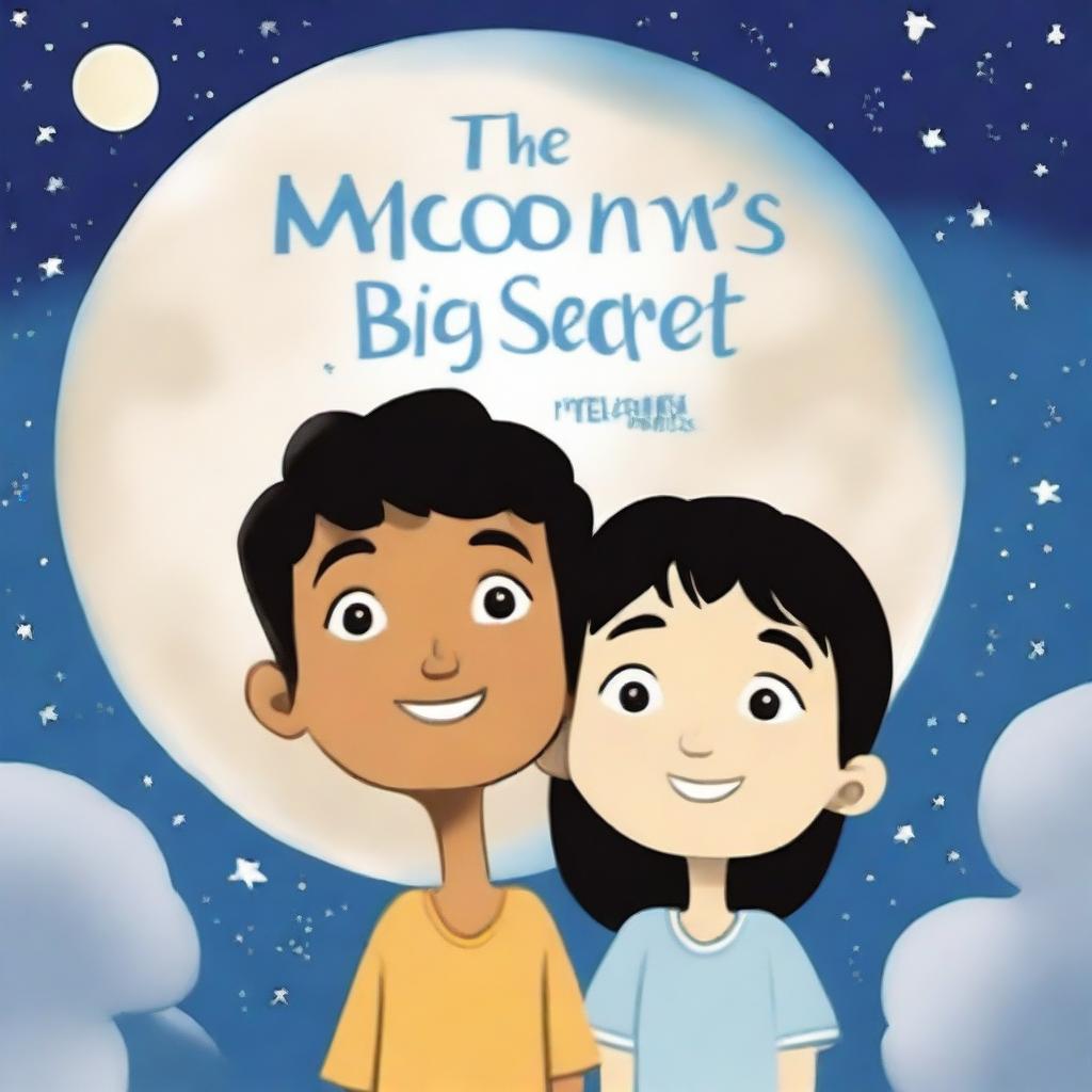 Create a cartoon image for the front page of a children's book titled 'The Moon's Big Secret'