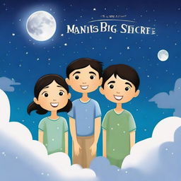 Create a cartoon image for the front page of a children's book titled 'The Moon's Big Secret'