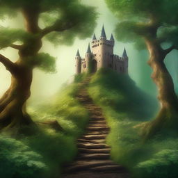 Create a captivating book cover featuring an enchanting forest with a mysterious pathway leading to an ancient castle