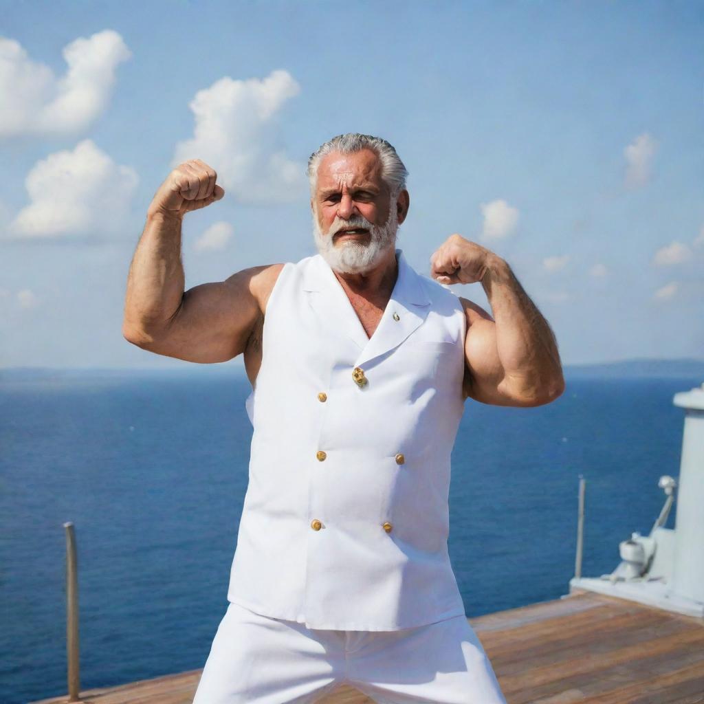 A real life interpretation of Monkey D. Garp from One Piece. An older, fit man in a marine uniform flexing his muscles while tossing a cannonball, standing proudly on the deck of a modern warship.