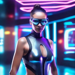 An attractive woman wearing futuristic swimming clothes in a sci-fi setting