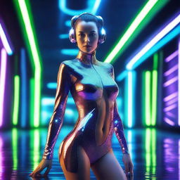 An attractive woman wearing futuristic swimming clothes in a sci-fi setting