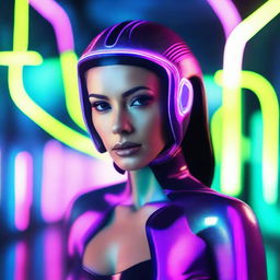 An attractive woman wearing futuristic swimming clothes in a sci-fi setting