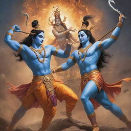 Epic scene of the Hindu gods Lord Krishna and Shiva in a friendly battle, both displaying their respective powerful artifacts in a heavenly realm.