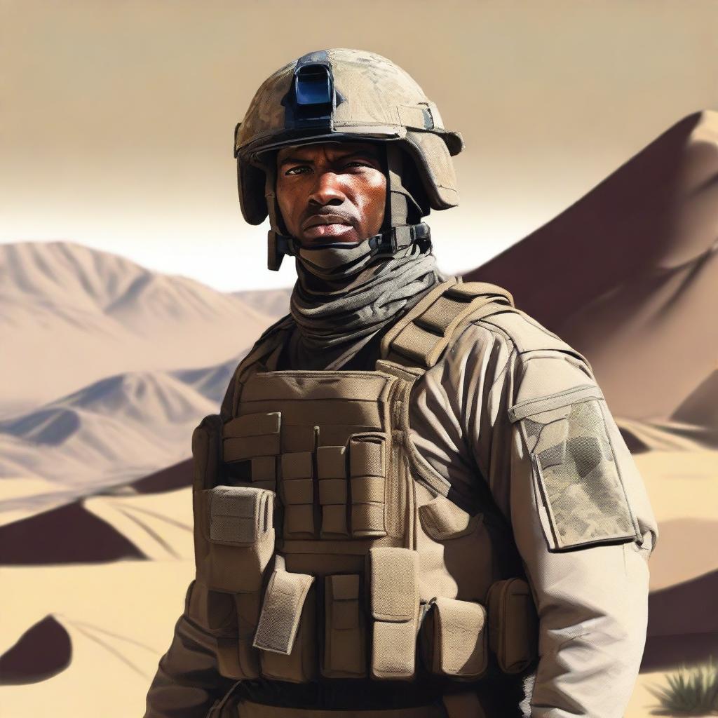 Create a portrait of a character who is a soldier in a desert setting