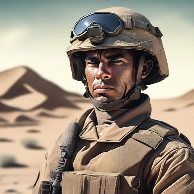 Create a portrait of a character who is a soldier in a desert setting