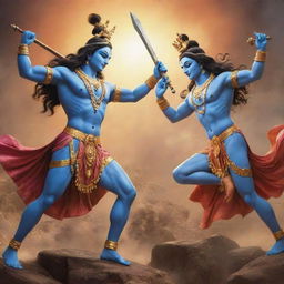 Epic scene of the Hindu gods Lord Krishna and Shiva in a friendly battle, both displaying their respective powerful artifacts in a heavenly realm.