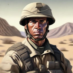 Create a portrait of a character who is a soldier in a desert setting