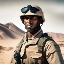 Create a portrait of a character who is a soldier in a desert setting